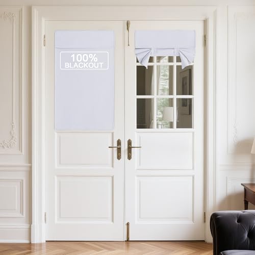 NICETOWN 100% Linen Blackout French Door Curtains, Privacy Door Window Curtains, 26 X 40 Inch Long Room Darkening Blinds, Thermal Insulated Tie Up Shades for Bedroom, 1 Panel, Pure White 26"