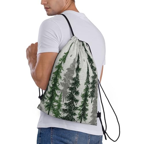 Drawstring Bag, Green Pine Tree Winter With Snowflakes Design Durable Water Resistant For Sport,Travel - Lightweight Sackpack3
