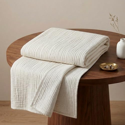 Image of 100% Cotton Muslin AC Blanket | 4 Layer Textured Breathable Summer Throw | Lightweight Blanket for AC Rooms | All Season Comfort Dohar | 150x220 cm | Off White