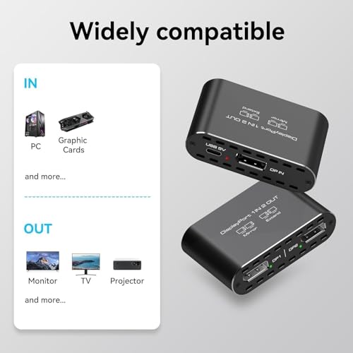 Image of Displayport to Dual Displayport Splitter Extended for Double Screen 4K@120Hz Display Port to 2 DP Adapter for Computer Graphics Cards Support MST & SST Mode