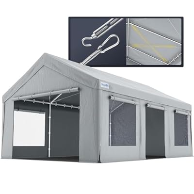 Quictent Heavy Duty 10x20 ft Carports with Side Zipper Doors & Snowproof Steel Cables & Ventilated Windows, Waterproof Storage Shelter for Car, Boat, RV, Outdoor Equipment, Gray