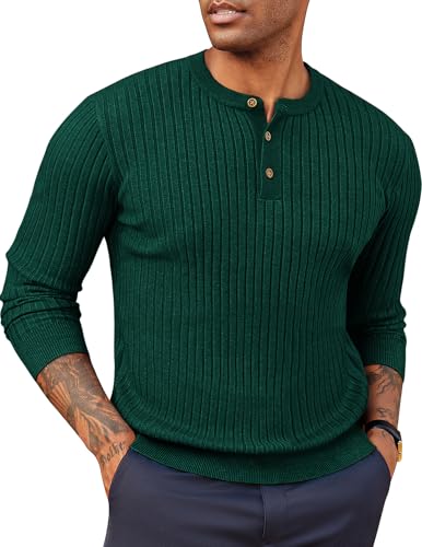 Mens Pullover Sweater Long Sleeve Henley Sweater Three Buttton Fall Sweater for Family Photo Dark Green