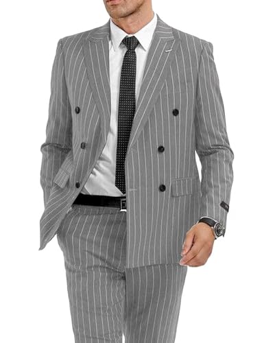 Men's Pinstripe Suit Jacket Slim Fit 2 Piece Stripe Suit Double Breasted Blazer Tuxedo for Wedding Prom Dinner