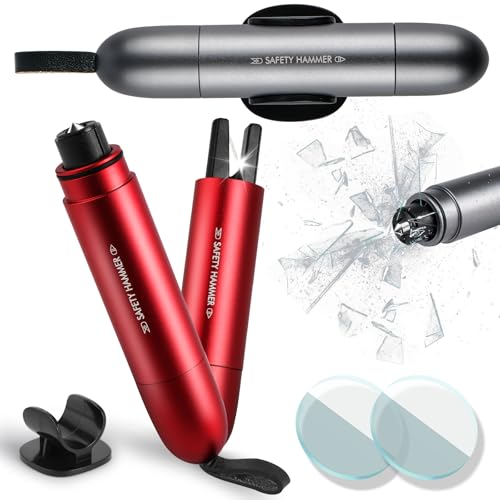 Riwer 2 Piezas Martillos de Emergencia para Coche 2 en 1 Rompe Cristales y Cinturones Cortador de Cinturón y Rompevidrios de Automóvil, Gris y Rojo