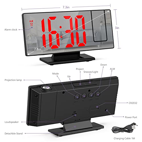 Oria Projection Alarm Clock, 7.8" Led Alarm Clock With Projection, Mirror Led Digital Alarm Clock With Usb Charging Port, Adjustable Brightness, Snooze, For Home, Bedroom, Office #TOP7