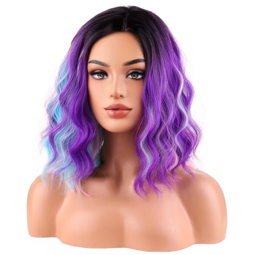 Image of BERON Black Ombre Purple and Blue Short Curly Wave Women Wigs Girls Purpla Mixed Pink and Blue Rainbow Shoulder Length Wavy Synthetic Wig for Cosplay Costume Party or Daily