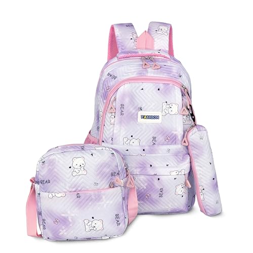 Image of Storite 3 PCS Kids School Backpack Set for Girls & Boys | 17 Inch Lightweight Backpack with Lunch Box & Pencil Case | Purple Bear Print School Bag for Elementary, Middle & High School