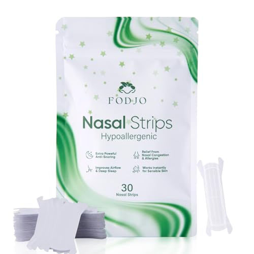 Nasal Strips for Snoring & Breathing – FODJO Extra Strength Hypoallergenic Nose Strips for Better Airflow, Instant Nasal Congestion Relief, Sleep & Sports – 30 Count