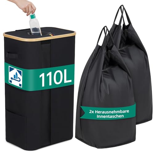 Pfandflaschen Sammelbehälter 110L mit Deckel Stabiler Flaschensammler Dank Feder-Stangen [Inkl. 2 waschbaren Innentaschen & Anti-Schimmel Netz] Faltbarer Pfandsammler mit Großem Einwurf für Küche