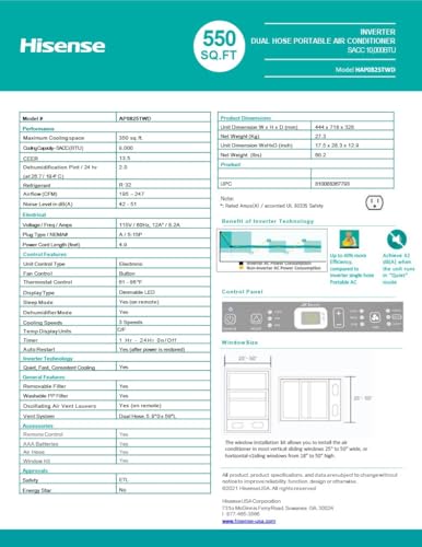 Image of Hisense 8,000 BTU DOE /SACC (10,000 ASHRAE) Portable Air Conditioner Dual Hose & Inverter, 350 Sq Ft, Wi-Fi, ConnectLife App Google & Alexa, 3 operating modes, Noise 42 dB HAP0825TWD (Renewed)