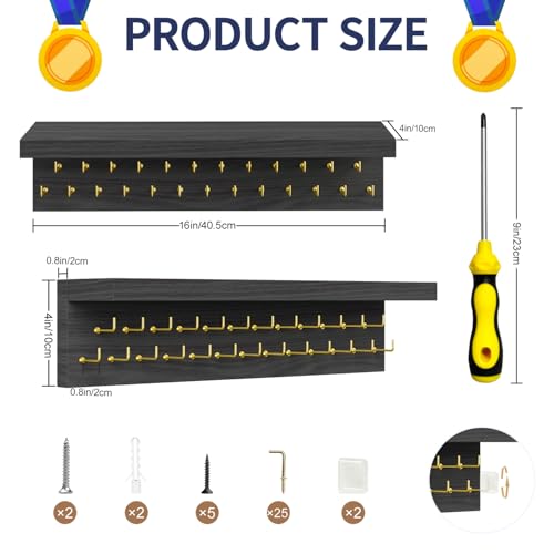 Image of Medal Holder Display Trophy Shelf Organizer, Sturdy Wooden Race Award Hanger Rack with 25 Steel Hooks, Wall Mount Storage Stand for Sports Fans, Cheer Success