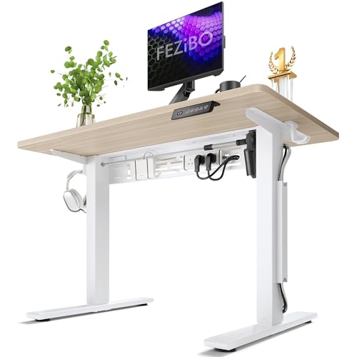 Image of FEZIBO Electric Standing Desk with L-Shaped Crossbar & Cable Management System, 40 x 24 Inches Sit Stand up Desk, Adjustable Height Standing Desk for Home Office, Light Walnut