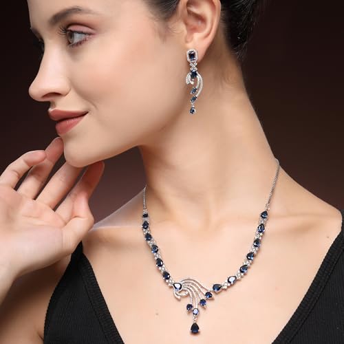 Image of ZENEME Rhodium Plated Silver Toned American Diamond Studded Paisley Necklace With Earrings Jewellery Set For Women & Girls