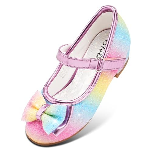 Stelle Girls Dress Shoes Glitter Princess Shoe Flower Mary Jane Low Heels Party Wedding Prom Footwear for Toddler Kids(T08-Rainbow 9MT)