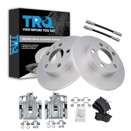 Image of TRQ Rear Brake Pad and Rotor Set Ceramic G Coated Rotors Calipers Hoses Compatible with 1999 Volkswagen Jetta