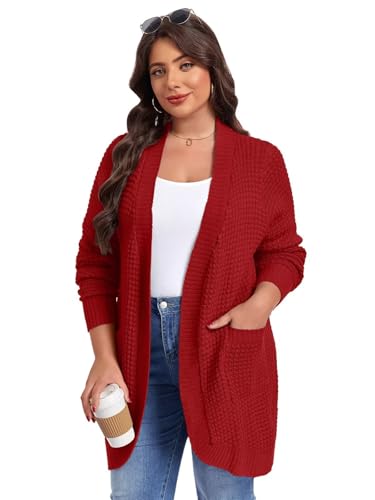 Image of LARACE Long Cardigans for Women Plus Size Tops Open Front Sweaters with Pockets Waffle Ribbed Sleeve Loose Fall Outwear