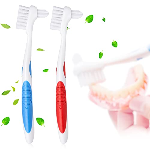 Y-Kelin - 2 cepillos de limpieza para dentaduras con cerdas de cepillo de dientes de doble cabeza, 1 rojo, 1 azul