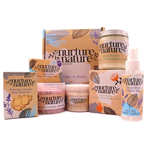 RELAX & CALM | Pamper Gift Basket For Women By Nurture By Nature | Essential Oils, Lavender, Bath Salts, Aromatherapy, Soap, Bath Bombs, Candle & MORE | Gift For Her | Valentines Day