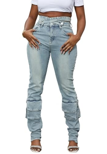 Women Sexy Skinny Stacked Jeans Butt Lifting Crossover High Waisted Stretch Cargo Jeans Y2k Blue