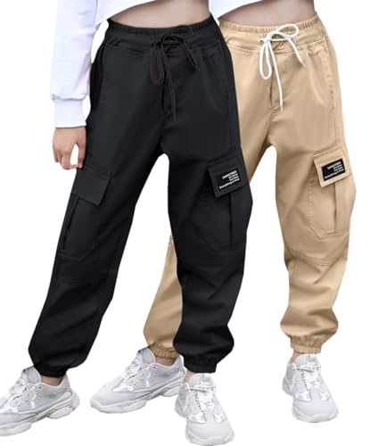 Image of SANGTREE Girl's&Women's 2 Packs Cargo Pants Elastic Waist Drawstring Tapered Multi Pockets Cargo Jogger Pants