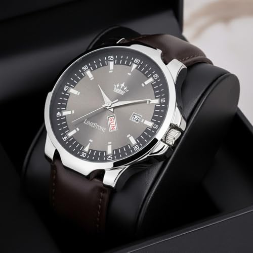 Image of LIMESTONE Men's Analog Quartz Watch with Day & Date Display, Leather /Silicone Strap - Casual & Formal Wrist Watch for Men
