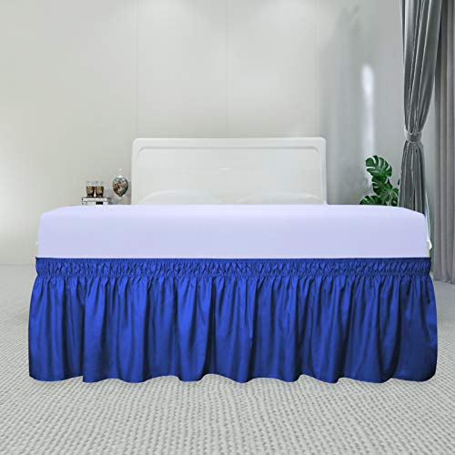 PureFit Wrap Around Ruffled Bed Skirt with Adjustable Elastic Belt - 18 Inch Drop Easy to Put On, Wrinkle Free Bedskirt Dust Ruffles, Bed Frame Cover for Twin, Twin XL and Full Size Bed, Classic Blue
