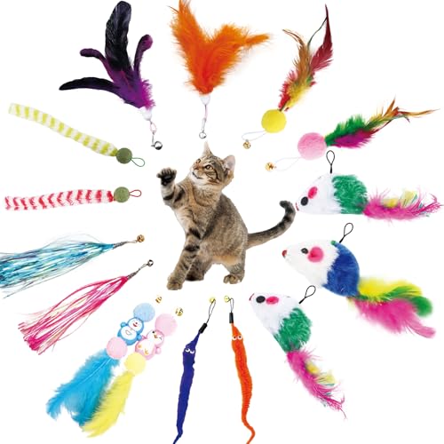 KITCHSTAR 15PCS Cat Wand Toy Accessories Cat Feather Toy Attachments Replacements Mouse Toy and Tassels Strip for Indoor Cats Kitten