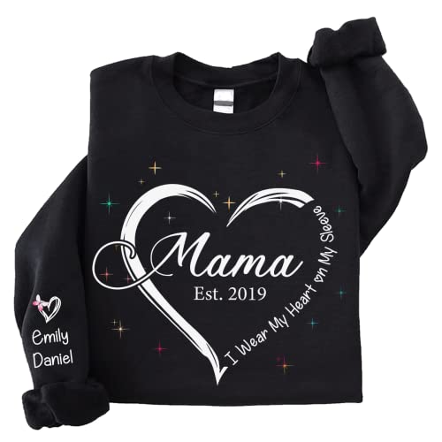 IZI POD “I Wear My Heart on My Sleeve” Mama Crewneck Sweatshirt with Kids Names, Personalized New Mom Gift for Birthday, Mother’s Day, Christmas Pullover Sweater