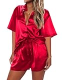 Ekouaer Pajamas for Women Silk Soft Sleepwear Short Sleeve Button Down Pjs Satin Top and Shorts 2 Piece Lounge Set,Red,S