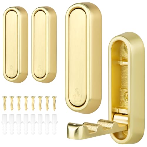 Keledz Foldable Gold Wall Hooks, 4 PCS Heavy Duty Folding Coat Hooks for Hanging Coats, Towels, Backpacks, Bags, Brushed, Keys, Invisible Wall Hook in The Bathroom, Closet, Entryway, Kitchen