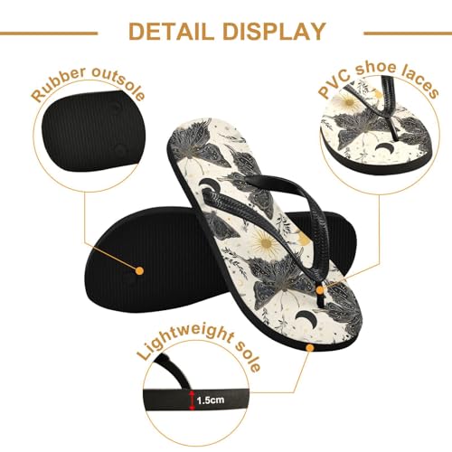 ALAZA Bohemian Black Butterfly Flip Flops for Women Fashion Beach Slippers Comfort Mens Flip Flops Non-Slip Rubber Shower Slippers Sandal for Hotel Travel Sport,XS3