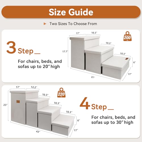 Image of Zerbuger Dog Stairs with Storage 18 inch H, 3-Step Wider Dog Steps for Small /Medium /Large Old Dogs Cats, Folding Sturdy Pet Stairs Climbing Bed or Couch, Ramp for Car Up to 200 lbs (Beige, No Condo)