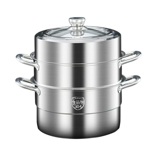 Pandonly の蒸し器グリッ (2層 3層 4層) ステンレスせいろ蒸し器 透明ガラス蓋 多層調理、直火誘導調理器に適しており、(26/28/30cm)鍋やおでんを調理できます 蟹を蒸す 包子を蒸す 魚を蒸す 家庭用 (28cm,三層)