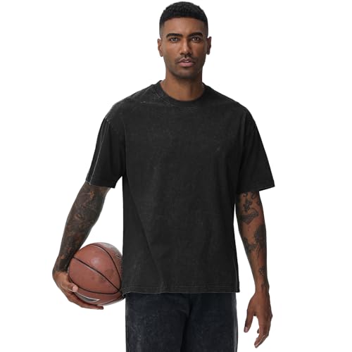 Image of Men's Oversized Cotton T-Shirts Loose Fit Vintage Washed Tee Unisex Short Sleeve Casual Shirts Tops