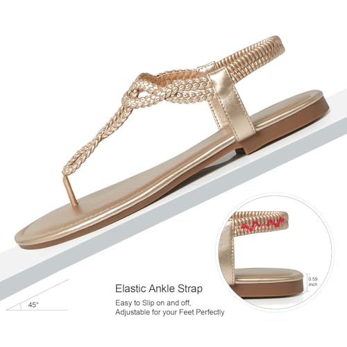 Image of iCKER Womens Braided T‑Strap Flat Sandals Elastic Stretch Ankle Strap | Boho cute casual lightweight and comfort matches dresses for beach vacation