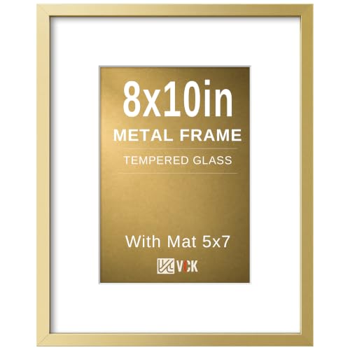 Image of VCK 8x10 Picture Frame Gold Metal, Real Glass, 5x7 Mat, for Artwork