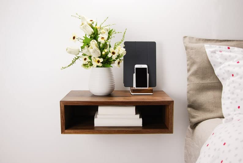 ithree solid wood wall mounted bedside table for bedroom | nightstand lamp holder with shelf storage for home | sheesham wood, honey finesh