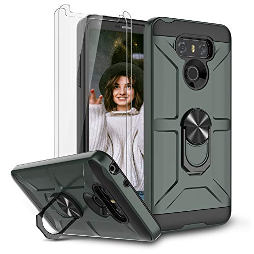 Jeylly Case for LG G6 with Tempered Glass Screen Protector, 360 Rotating Ring Kickstand Holder [Work with Magnetic Car Mount] Armor Defender Shockproof Case for LG G6 2017,Midnight Green