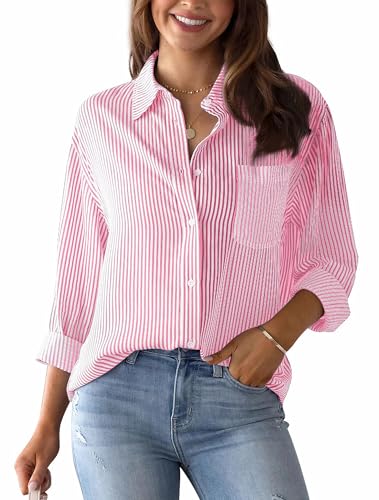 AIEOE Blusas de Mujer Elegantes Camisa Rayas Mujer con Cuello V Camisas Informal Manga Larga y Botones Blusa para Oficina L Rosa
