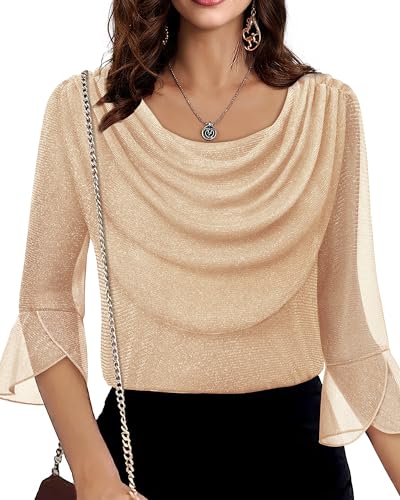 Lotusmile Blouses for Women Dressy Casual 3/4 Sleeve Cowl Neck Sparkly Tops Cocktail Shirts for Evening Party3