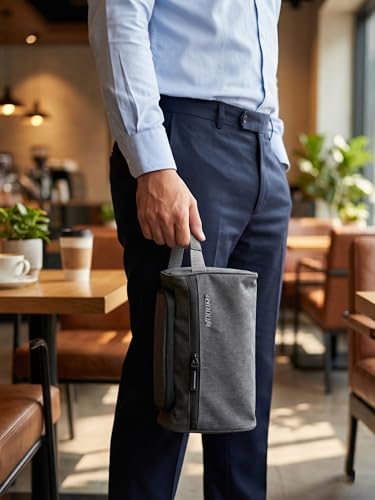 Image of Wooum Travel Toiletry Bag for Men | Water-Resistant Bathroom Organizer with Hook | Compact Khadi Fabric Dopp Kit with Zipper & Mesh Pockets - Ideal for Travel, Gym & Daily Use (Grey)