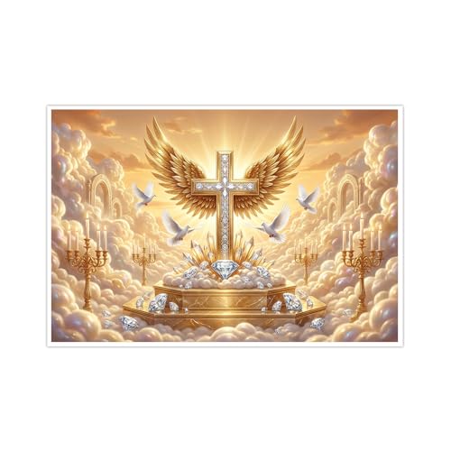 Heavenly Gold Cross with Angel Wings and White Doves Wall Art Canvas Prints,Divine Religious Decor for Bedroom Living Room,Spiritual Gemstone Altar Design Poster-08x12inch(20x30cm)-Unframe-style