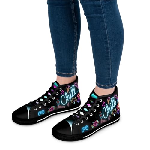 Slay and Chill Vibrant Womens High Top Sneakers with Neon Design, Unique Gift for Gamers Trendsetters and Teens3