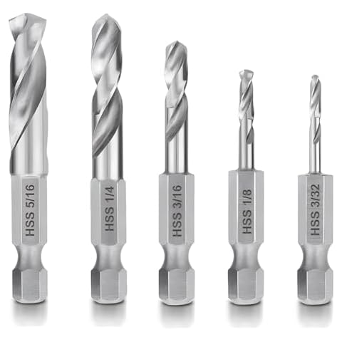 Teocpai 5Pcs 1/4'' Hex Shank Stubby Drill Bit Set for Metal, HSS M2 for Quick Change 3/32, 1/8, 3/16, 1/4, 5/16 Inch Cover
