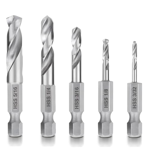 Teocpai 5 Pièces Forets à Métaux, Jeu de Forets hélicoïdal à Tige Hexagonale de 1/4 Pouce, Mèche Courte HSS M2 pour Changement Rapide, 3/32, 1/8, 3/16, 1/4, 5/16 Pouces