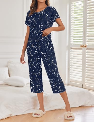 Image of Ekouaer 2 Pack Womens Pajamas Sets Short Sleeve Tops and Capri Pants Pjs Colorful Printed Sleepwear Sets
