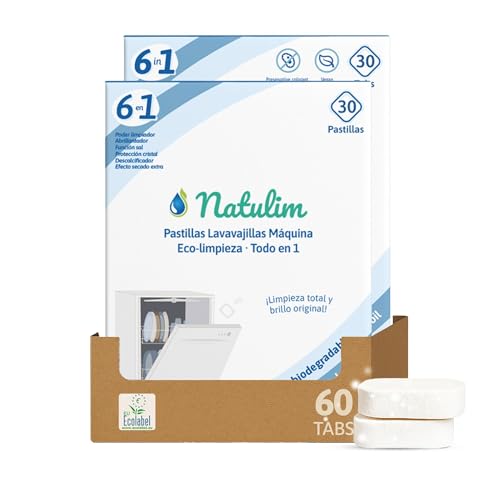 Natulim Pastillas de Lavavajillas 60 Usos - Biodegradables e Hidrosolubles 6 en 1 - Limpieza Profunda, Abrillantador, Función Sal, Protección Cristal, Descalcificador, Efecto Secado Extra - 2 Pack