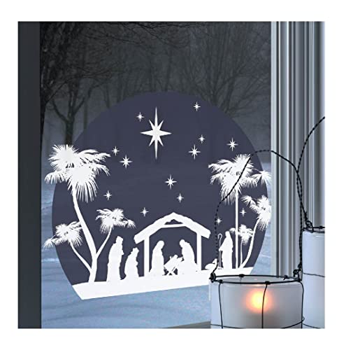 Dizzy Duck Designs Adhesivo para ventana de Navidad con diseño de belén cristiano de Navidad, adhesivo no adhesivo, impresión azul, tamaño S, 38 x 51 cm