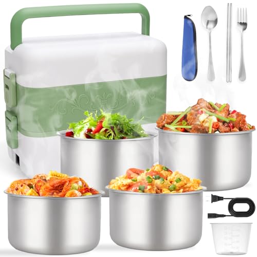 Syvory 200W Beheizte Doppelschicht Lunchboxs, 2,4L Thermo Lunchbox, Tragbare Elektrische Lunchbox, mit 4 Innentank aus Edelstahl und 1 Satz Besteck, für Arbeit Auto Lkw Büro Haus Lunchboxs, Wärmebox