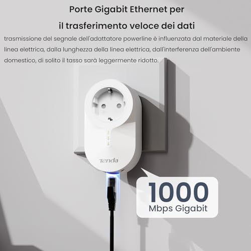 PH6 Kit Powerline, AV1000 Mbps su Powerline, 1 Porta Gigabit Ethernet, Plug and Play, Home Plug AV2, Modalità Risparmio Energetico con Presa di Corrente Integrata, Bianco - Powerline - Immagine 3